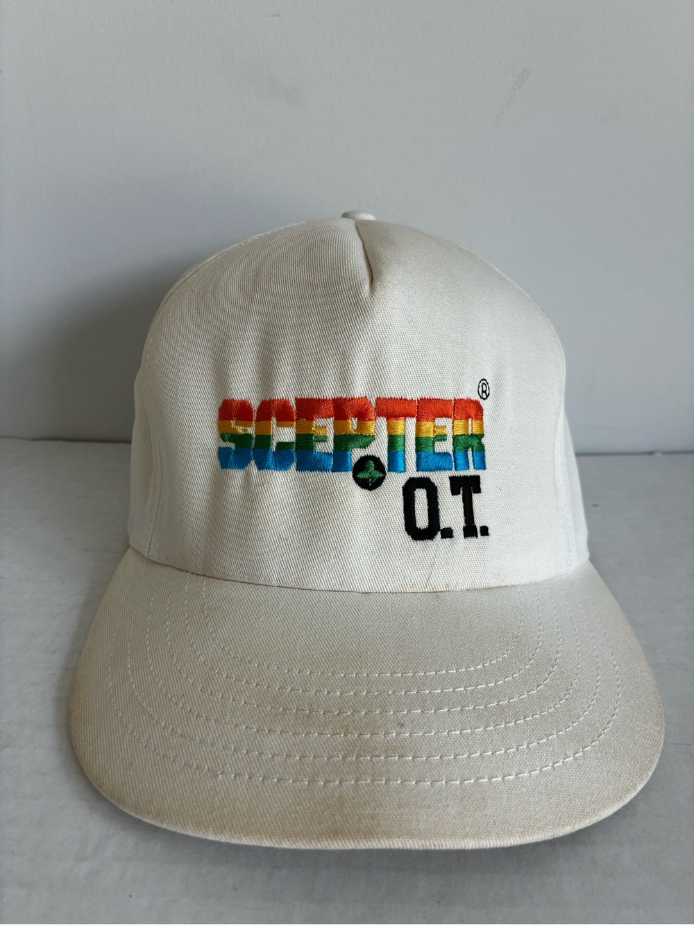 Vtg 80s Swingster Scepter O.T. Rainbow Trucker Hat Snapback White USA Made *flaw